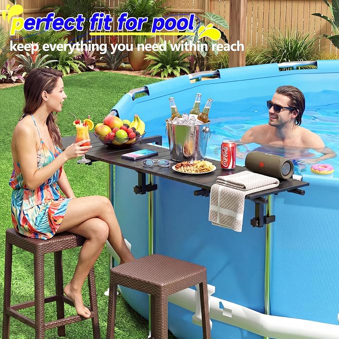 FUQUN Above Ground Pool Bar, 47" x 11.7" Heavy-Duty Matte Black Poolside Table, Stainless Steel Frame, Aluminum Tabletop, Fits 2-4" Top Rails & 22.8-48.4" Leg Spacing, for Round & Oval Frame Pools