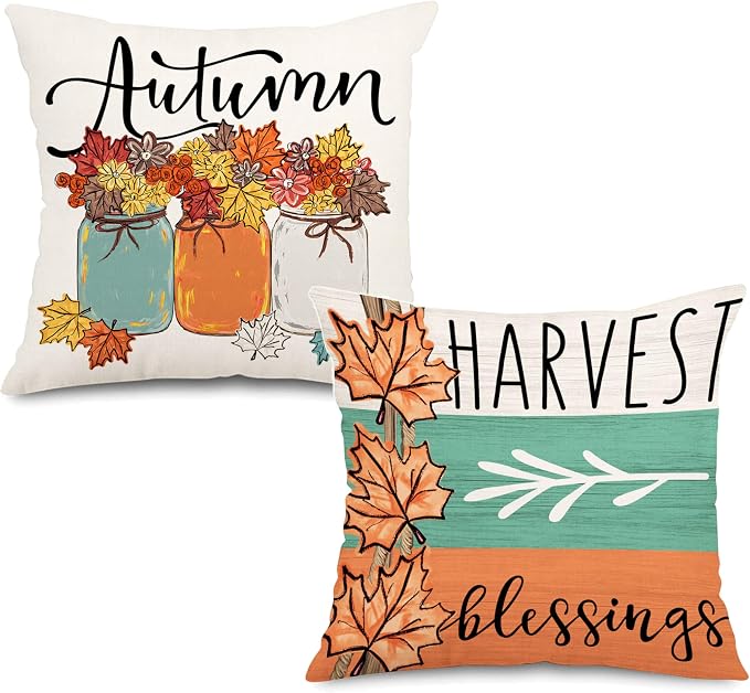 Fall Leaves Outdoor Pillow Covers 18x18 Waterproof Watercolor Mason Jar Blue Orange Decorative Harvest Blessings Throw Pillow Covers Set of 2 Farmhouse Thanksgiving Decor for Couch Patio Furniture