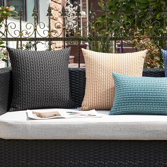 Kevin Textile Outdoor Waterproof 24"x24" Pillow Covers 2 Pack, Black | Water Resistant Weaving Faux Linen Texture Throw Pillow Covers, Outside Decorative Pillowcases for Garden Patio Balcony Couch