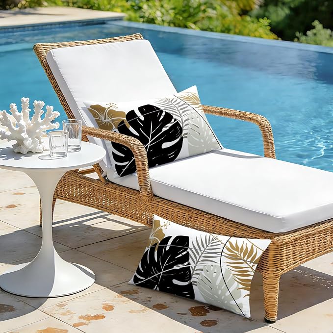 OTOSTAR Outdoor Waterproof Throw Pillow Covers 16x24 Inch Set of 2 Double-Sided Black Brown Grey Tropical Leaf and Flower Spring Summer Decorative Pillow Cases for Patio Funiture Garden Balcony Couch
