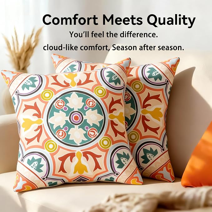 Outdoor Throw Pillows Waterproof Set of 4 18x18 Inches Colorful Kaleidoscope Outdoor Decorative Pillows with Insert for Bed, Couch, Sofa and Patio Furniture
