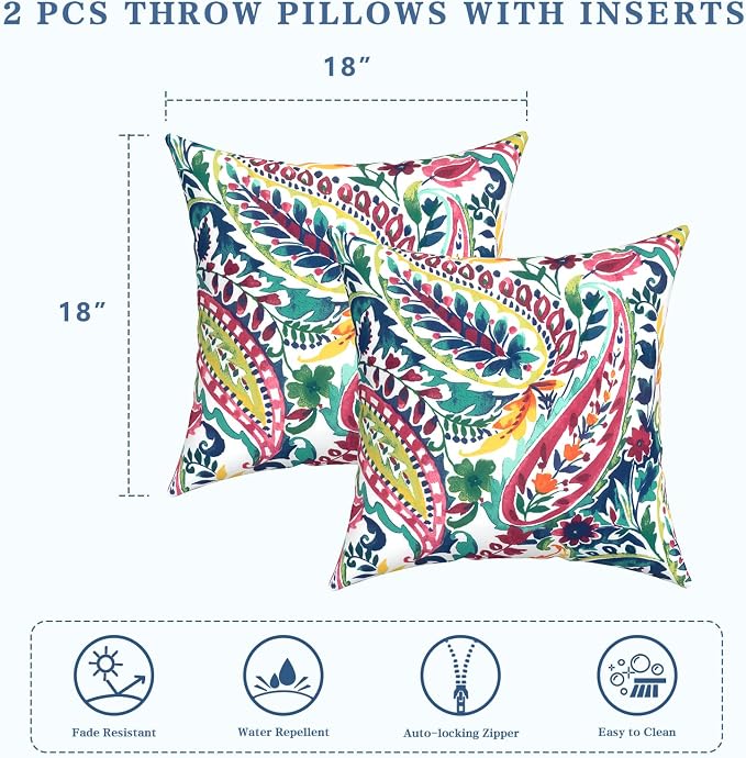 LVTXIII Outdoor/Indoor Throw Pillows, Decorative Throw Pillows with Inserts, 18"x18" Square Pillows for Bed, Couch, Sofa and Patio Furniture, Set of 2, Vigour Paisley