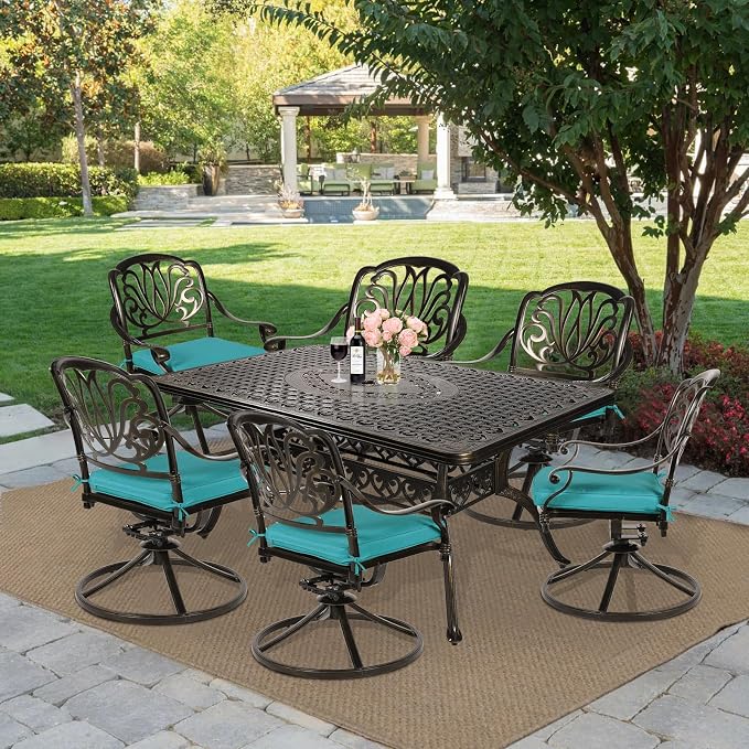MEETWARM 7-Piece Outdoor Patio Dining Set, All-Weather Cast Aluminum Patio Conversation Set for Backyard Garden Deck with 6 Cushioned Swivel Rocker Chairs, 1 Rectangular Table, Ocean Blue