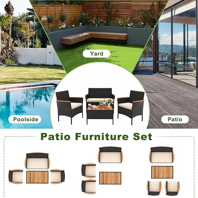 HAPPYGRILL 8 Pieces Outdoor Patio Rattan Furniture Set, Rattan Conversation Set with Chairs & Loveseat, Acacia Wood Tabletop & Armrest, Outdoor Cushion Sofa Set for Backyard Patio Poolside