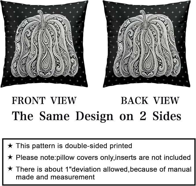Pumpkin Pillow Covers Fall Harvest Thanksgiving Throw Pillow Covers 22x22 Autumn Outdoor Pillow Cases Black and White Paisley Flower Cushion Cases for Home Sofa Couch 2 Pack