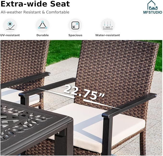 MFSTUDIO 5 Pieces Outdoor Dining Set, Patio Wood-Like Table & 4 Wicker Chairs with Cushions, Outdoor Rattan Dining Furniture, Patio Square Dining Table for 4, Deck, Backyard
