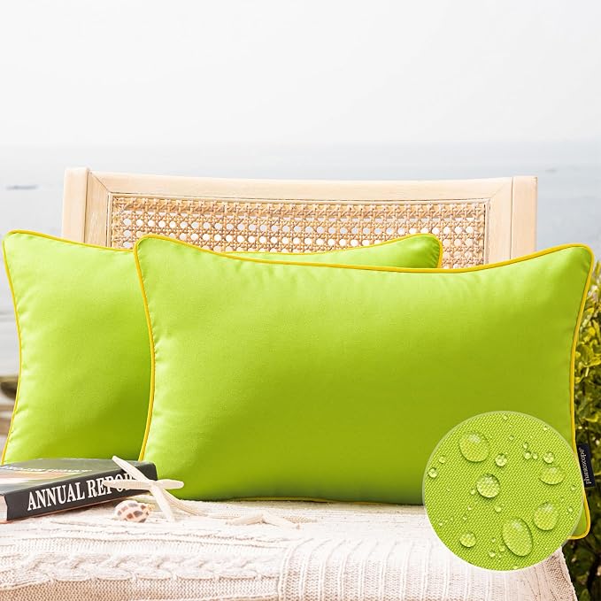 Phantoscope Pack of 2 Outdoor Waterproof Throw Pillow Covers with Contrast Piping, Decorative Square Cushion Case Patio Pillows for Couch Tent, Lime Green 12x20 inches