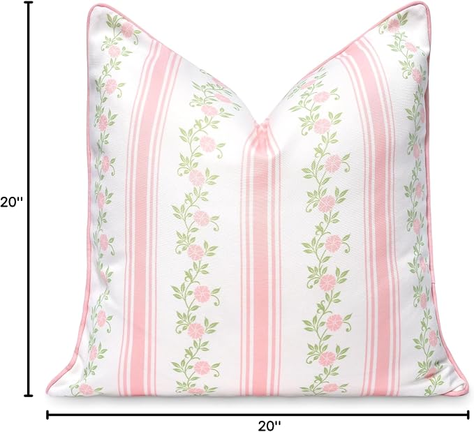 Hofdeco Premium Coastal Patio Indoor Outdoor Throw Pillow Cover Only, 20"x20" Water Repellent for Backyard, Couch, Blush Pink Print Stripe Floral