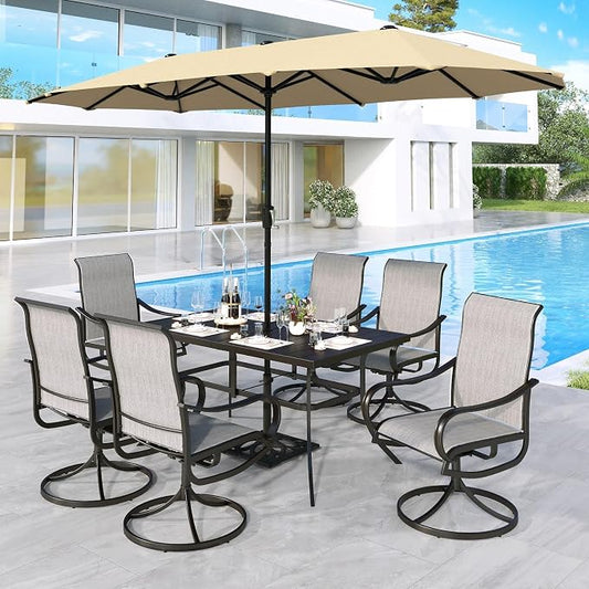 MFSTUDIO Outdoor Dining Set for 6, Patio Furniture Set with Beige Umbrella (Base not Included), Outdoor Metal Table and Light Grey Swivel Chairs Set for Patio, Deck, Backyard, Garden