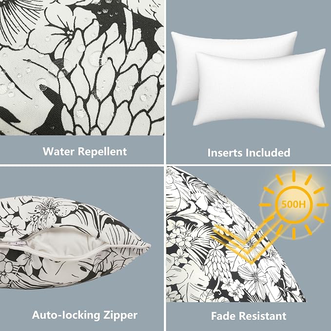 LVTXIII 2 Pack Outdoor Lumbar Pillows 12x20 Inch with White Piping, Fade Resistant Support Throw Pillows with Inserts for Patio Furniture, Sofa, Chair, Noir Floral