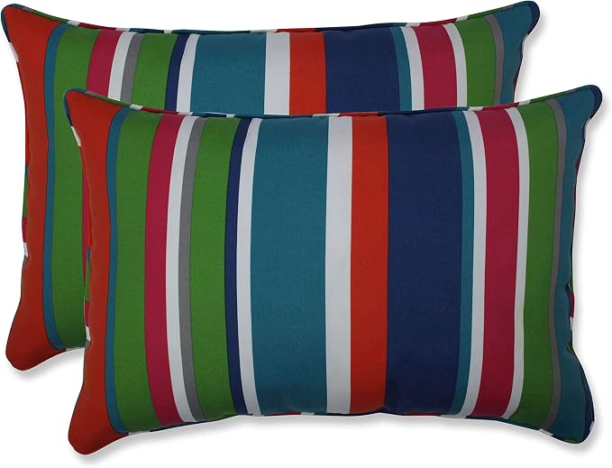 Pillow Perfect Stripe Indoor/Outdoor Accent Throw Pillow, Plush Fill, Weather, and Fade Resistant, Large Lumbar - 16.5" x 24.5", Blue/Green St. Lucia, 2 Count