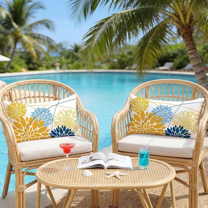 OTOSTAR Outdoor Golden Light Blue Pillow Covers 12x20 Inch Set of 2 Dark Blue Flower Throw Pillows Geometric Dahlia Floral Lumbar Cushion Case Waterproof Decor for Sofa Patio Funiture Garden
