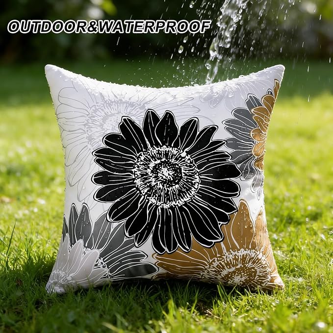 Outdoor Pillow Covers Waterproof Summer Square Cushion Covers Decorative Floral Brown Black Sunflower Throw Pillow Covers 20x20 Set of 2 Garden Throw Pillowcase for Patio Furniture Tent Balcony Bench