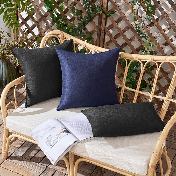 Outdoor Waterproof Throw Pillow Covers Black 18x18 Set of 2 | Decorative Farmhouse Linen Pillowcases Solid Cushion Cases for Patio Tent Balcony Couch Sofa Living Room