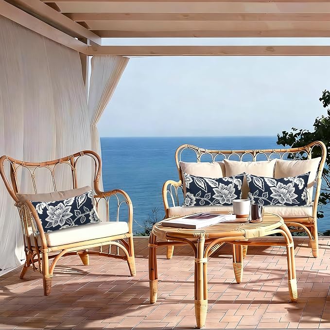 LVTXIII Outdoor/Indoor Lumbar Pillows, Decorative Patio Lumbar Cushions, Fluffy Water Repellent Garden Cushions for Home Patio Coach Sofa Use, 12×20 Inch, Pack of 2, Elegant Vines Navy