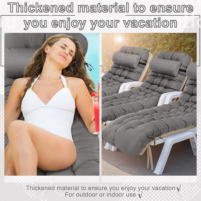 Tudomro Outdoor Chaise Lounge Cushion 66x21x4'' Waterproof & Fade-Resistant Patio Pool Chaise Lounge Cushion Headrest Pillow Tie Replacement Rocking High Back Chair(Dark Gray,Set of 2)