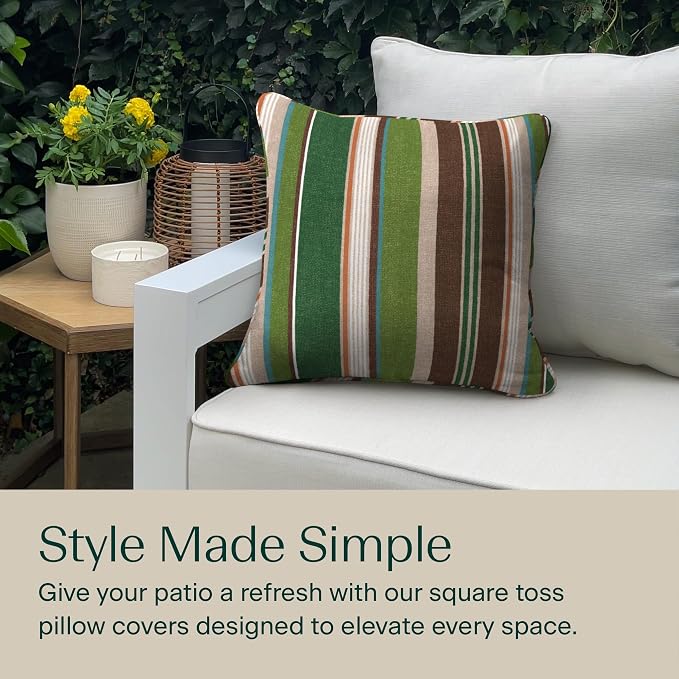 Honeycomb Outdoor Square Toss Pillow Covers, 18 x 18, 2-Pack | Stripe Pine Green Slipcovers, Water & Fade Resistant for Patio Furniture Set, Cover Only, No Insert