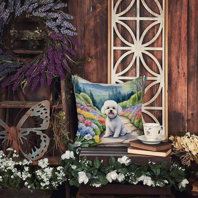 Caroline's Treasures Bichon Frise Spring Path Throw Pillow Machine Washable, Indoor Outdoor Decorative Pillow for Couch, Bed or Patio, 14Hx14W