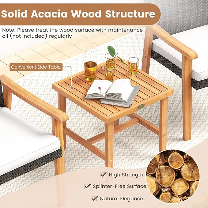 HAPPYGRILL 3 Piece Patio Furniture Set Acacia Wood Chair & Side Table Set with Rattan Seat & Back, Outdoor Wicker Bistro Conversation Set for Balcony, Porch, Backyard