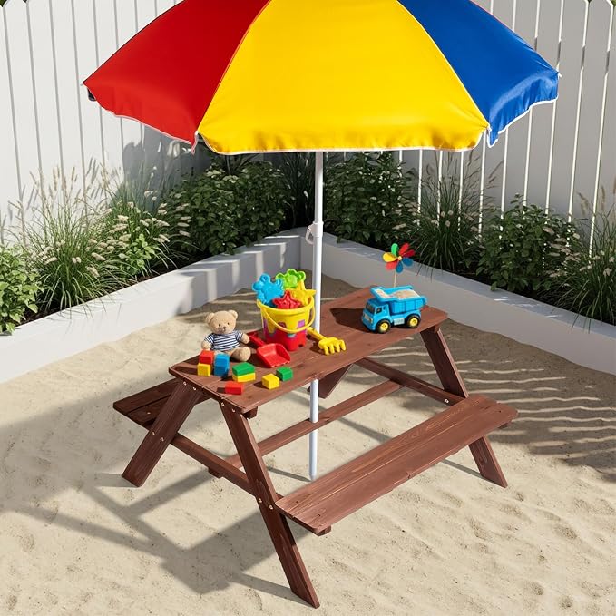 Kids Picnic Table, Wooden Toddler Picnic Table and Chair w/Removable Umbrella, Kids Outdoor Furniture for Patio Garden, Dark Brown