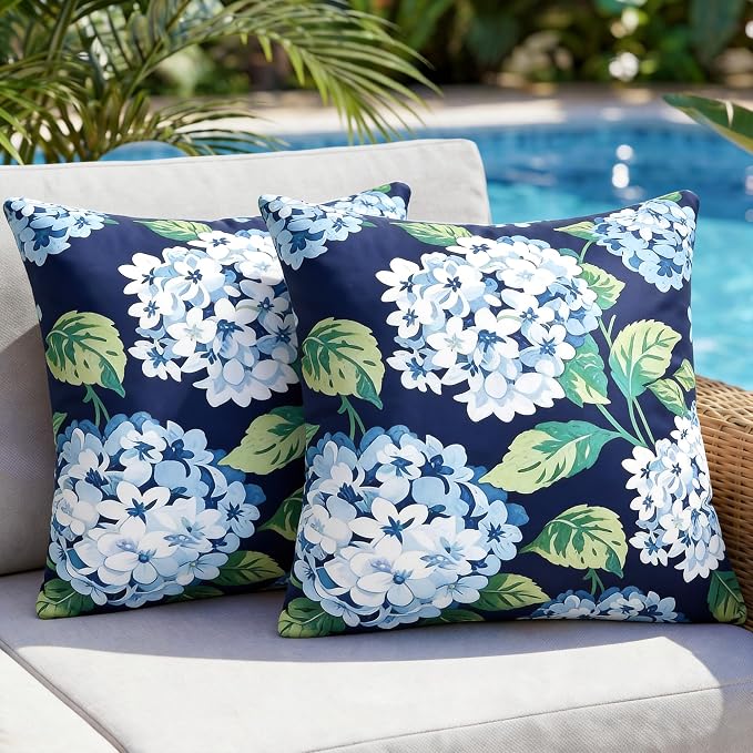 Blue Green Floral Outdoor Pillow Covers 18x18 Inch Set of 2 | Navy Blue Hydrangea Outdoor Pillow Covers, Spring Summer Farmhouse Waterproof Cushion Case for Couch Sofa Garden Patio