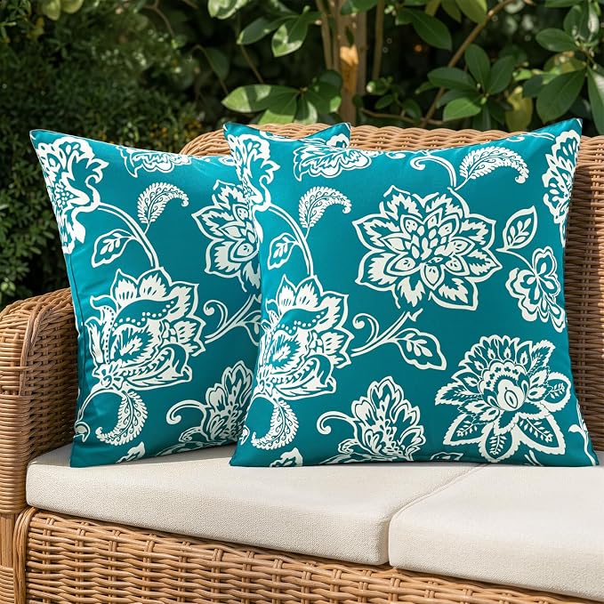 Decorative Outdoor Floral Pillow Covers Set of 2 18x18 Teal Blue | Waterproof Boho Farmhouse,Decorative Throw Pillow Covers,Summer Coastal Accent Pillowcases,Patio Furniture Garden Sofa