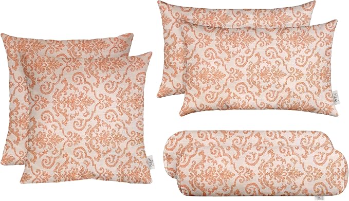 RSH DECOR: 6-Pack Pillow Set | Sunbrella Performance Fabric |Water & Fade-Resistant| 17" Square, 20"x12" Lumbar, 20"x6" Neck Roll | Outdoor Pillows for Patio Furniture | Made in USA (Rialto Papaya)