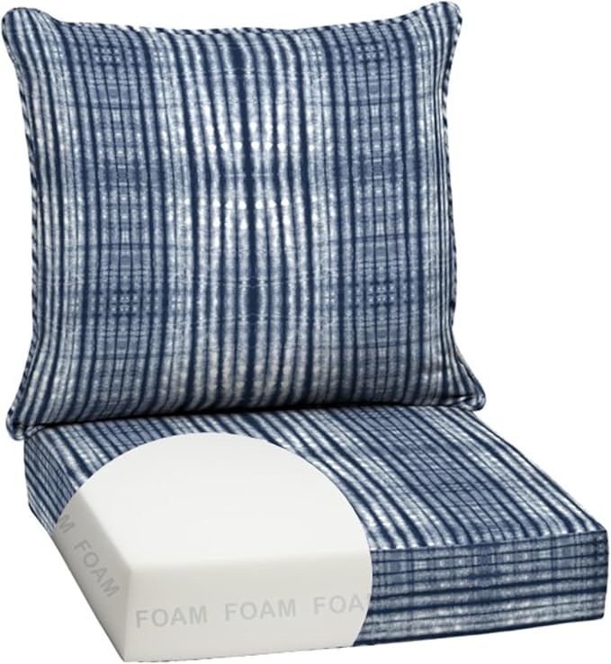Arden Outdoor Deep Seat Cushion Set, Foam, 24x24, Blue Shibori Stripe | Sofa, Couch, Conversation Set, Premium High-Density Foam, Never Flattens, Mold and Mildew Resistant