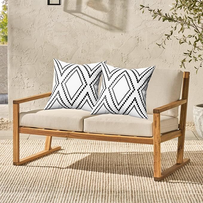 Outdoor Pillow Covers Set of 2, Waterproof Boho Throw Pillow Covers Geometric Pillow Cases for Patio Garden, White More (Black&White-02, 24x24 Inch)