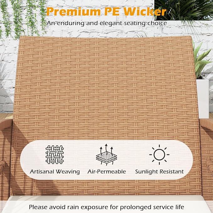 HAPPYGRILL 5 Pieces Patio Conversation Set PE Rattan Balcony Furniture Set with 2 Armchairs, 2 Ottomans & 2-Tier Side Table, Outdoor Wicker Chair Set with Cushions