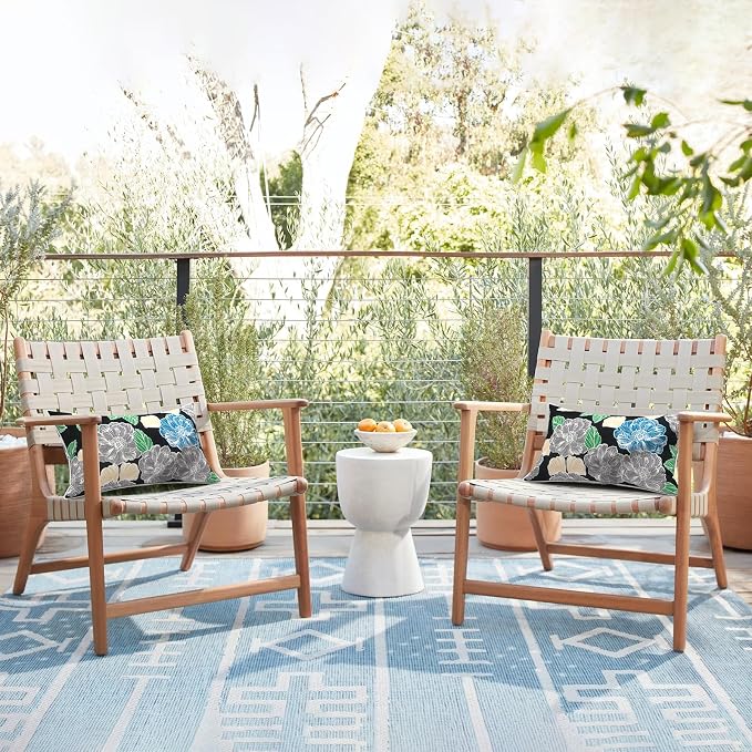 LVTXIII 2 Pack Outdoor Lumbar Pillows 12x20 Inch with White Piping, Fade Resistant Support Throw Pillows with Inserts for Patio Furniture, Sofa, Chair, Sketch Peony