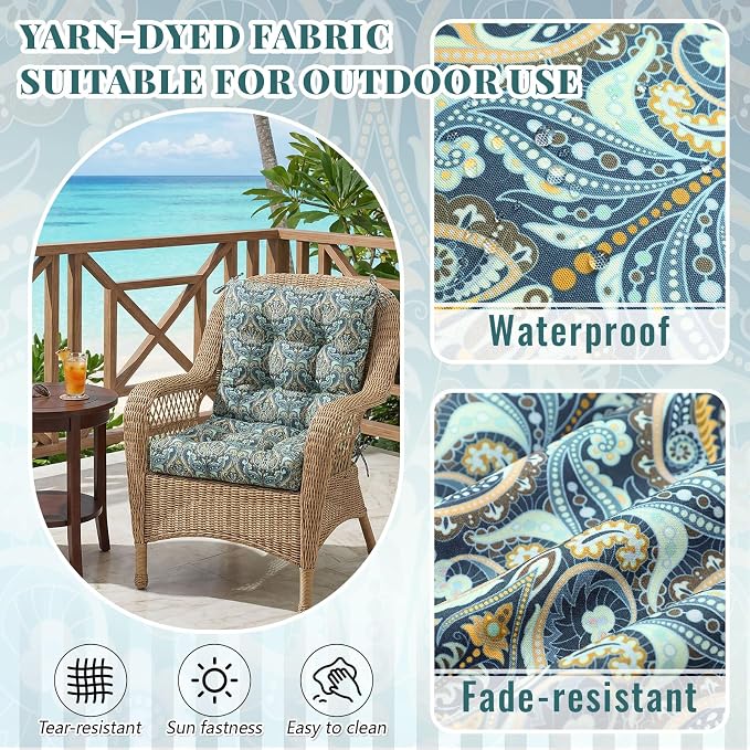 Marsui 4 Pcs Outdoor Indoor High Back Chair Cushions Patio Furniture Tufted Pillow with Ties Water-Resistant Replacement Outdoor Rocking Chair Cushions, 42 x 21 Inches (Blue,Paisley)
