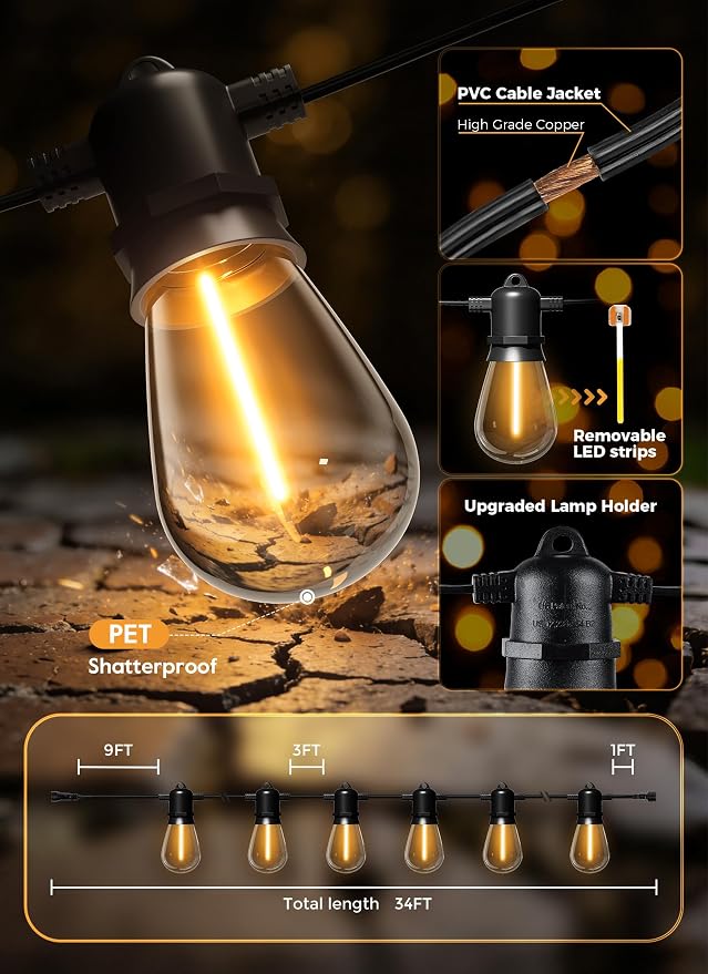 Minetom 34FT Solar String Lights Outdoor Waterproof, S14 Patio Lights | 9 LED Shatterproof Bulb, Remote Type-C Port Timable, 3 Light Modes Dimmable Solar String Lights for Outside, Yard, Camping