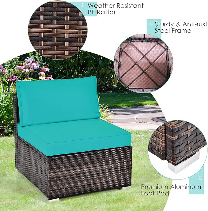 HAPPYGRILL 6 Pieces Outdoor Patio Furniture Set, PE Rattan Conversation Set with Tempered Glass Coffee Table and Cozy Cushions, Weather Resistant Sectional Sofa Set, Turquoise