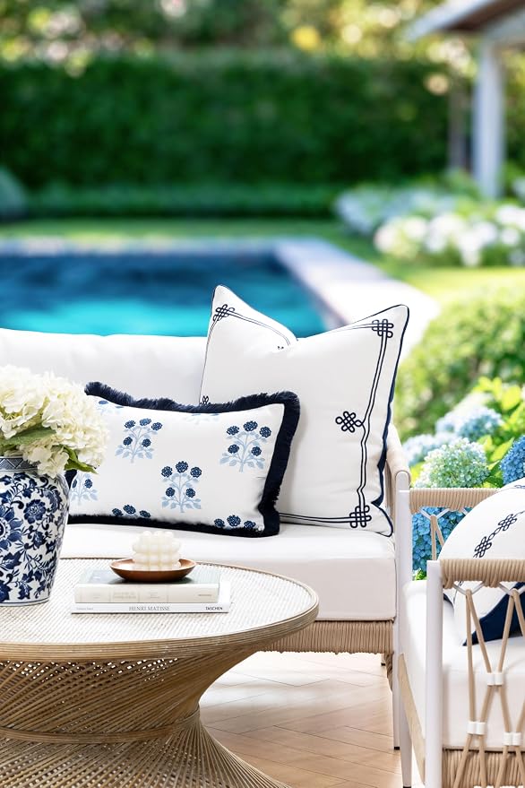 Hofdeco Premium Coastal Hampton Patio Indoor Outdoor Throw Pillow Cover Only, 22"x22" Water Repellent for Backyard, Couch, Poolside, Navy Blue Embroidered Chinoise Lucky Knots