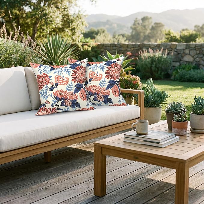 Pack of 2 Patio Throw Pillow Covers ONLY, Water Repellent Cushion Cases 20x20 Inch, Square Pillowcases for Outdoor Couch Decoration, Red Chrysanthemum