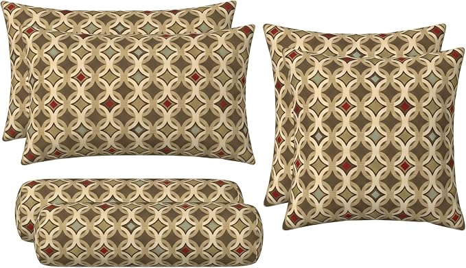 RSH DECOR: 6-Pack Pillow Set | Sunbrella Performance Fabric |Water & Fade-Resistant| 17" Square, 20"x12" Lumbar, 20"x6" Neck Roll | Outdoor Pillows for Patio Furniture | Made in USA (Tango Mink)