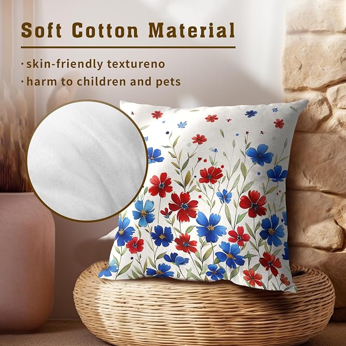 Red Blue Flowers Pillow Covers 18x18 Inch, Set of 2 Patriotic Wildflowers Leaves Summer Farmhouse Square Pillowcases Cotton Cushion Cover for Couch Sofa Bed Holiday Festival Decor