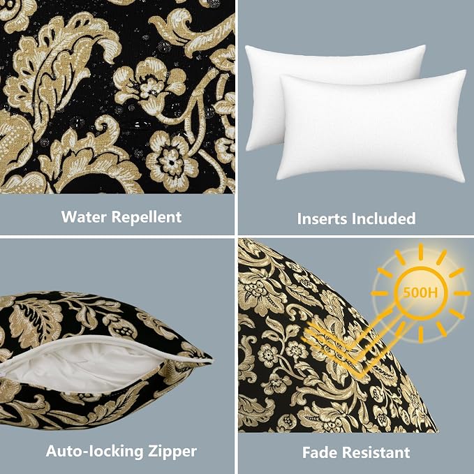 LVTXIII 2 Pack Outdoor Lumbar Pillows 12x20 Inch with White Piping, Fade Resistant Support Throw Pillows with Inserts for Patio Furniture, Sofa, Chair, Jacobean Black