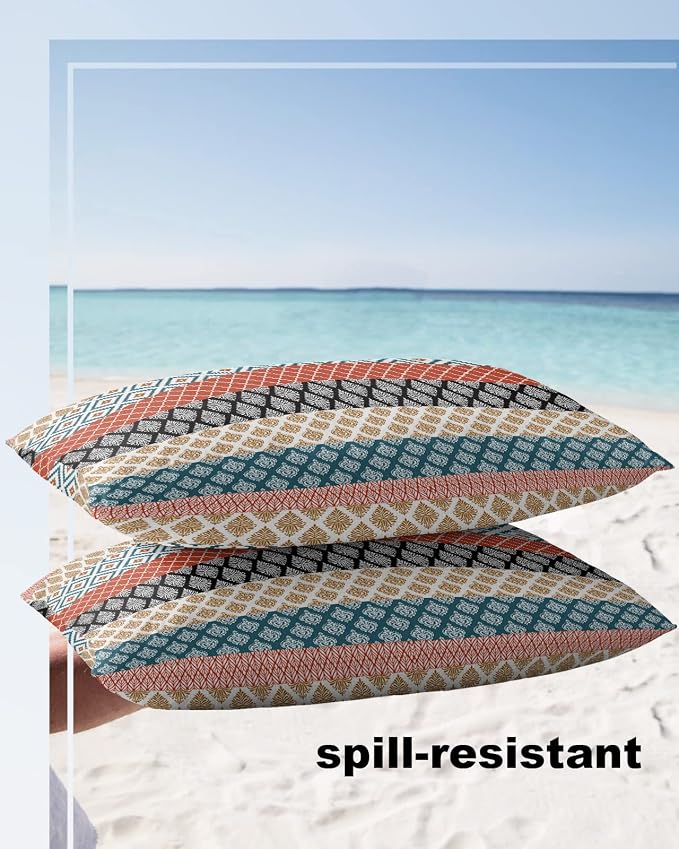 Outdoor Waterproof Throw Pillow Covers Boho Stripe Tribal Vingtage Lumbar Pillowcases Bohemian Style Pattern Decorative Pillows Cushion Case Patio Pillows for Couch Bed Garden 20 x 12 Inches