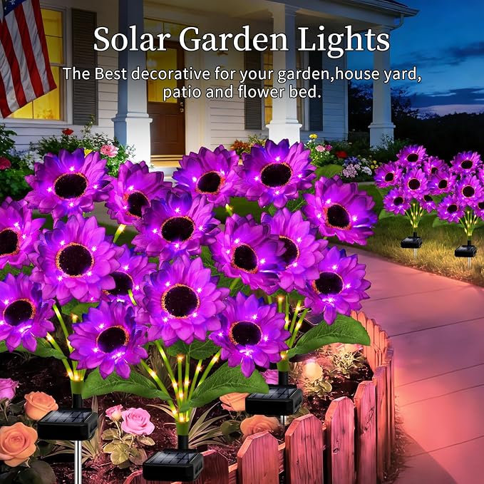 Solar Garden Lights Outdoor, 6 Pack Solar Purple Sunflower Lights with 18 Head 3.5 Inch Flowers, Waterproof Flowers Light Fall Decor Auto ON/Off for Garden Yard Patio Backyard, Gifts for Mom Women