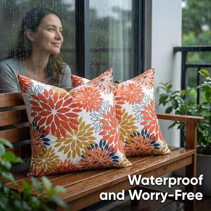 Set of 2 Dahlia Waterproof Throw Pillow Covers Outdoor Decorative Flowers Cushion Covers 18×18 Inch Spring Summer Pillowcases with Invisible Zipper for Couch Bench Garden Patio Funiture