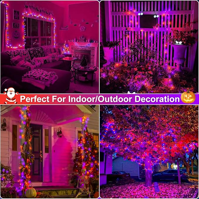 Orange and Purple Halloween Lights, 66FT 200 LED Outdoor String Lights | Waterproof 8 Modes Plug in Connectable Halloween Decorations for Outside Indoor Home Garden Patio Party Holiday