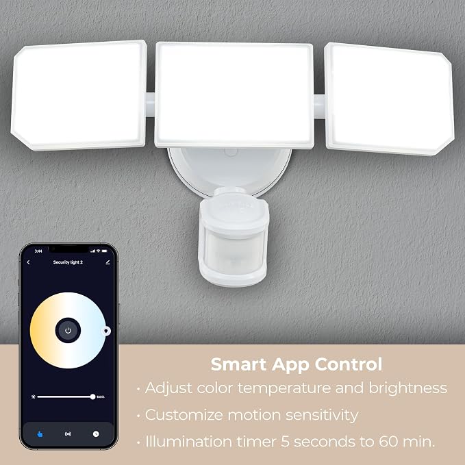 Guardian SMART Flood and Security Wall Light with 3 Lights 3,400 Lumens 30 Watts and Programmable Motion and Photo Sensor in White, Works with Android or iOS