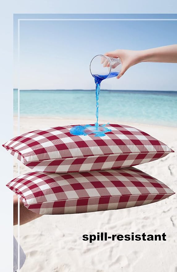 Outdoor Waterproof Throw Pillow Covers Set of 2 Wine Red Buffalo Check Plaid Lumbar Pillowcases 20x12 Inches Farmhouse Style Patio Decorative Pillows Cushion Case Patio Pillows for Couch Bed Garden