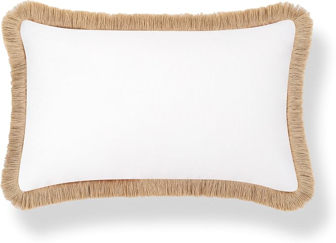Hofdeco Premium Coastal Hampton Patio Indoor Outdoor Lumbar Pillow Cover Only, 12"x20" Water Repellent for Backyard, Couch, Poolside, White Neutral Tan Solid