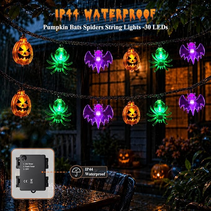 Mosoan [Timer] Halloween Lights 20Ft 30LED Battery Operated String Lights, Pumpkin Spider Bat Halloween Decorations Lights for Indoor Outdoor Party Home Yard Window Decor(Pumpkin Bat Spider)
