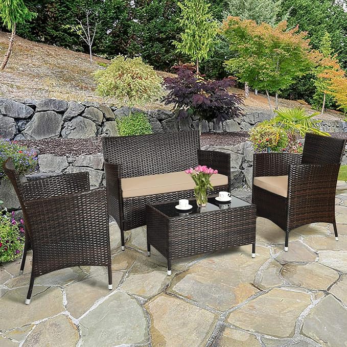 HAPPYGRILL 4-Piece Patio Furniture Set Outdoor Rattan Wicker Conversation Set with Cushioned Sofa and Coffee Table for Porch Backyard Garden Poolside