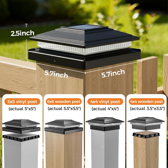 Solar Post Cap Lights Outdoor 6pack, Waterproof Fence Post Lights for 4x4 5x5 6x6 Wood/Vinyl Posts, Black Solar Deck Post Lights with 8 Color Modes Decorate Garden Patio Porch Backyard