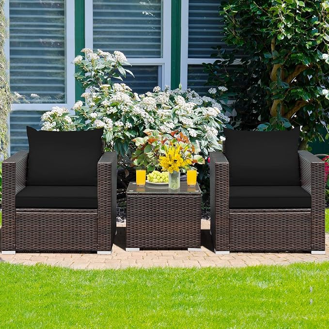 HAPPYGRILL 3PCS Patio Furniture Set Rattan Wicker Sofa Set with Cushions and Coffee Table Outdoor Patio Conversation Set for Garden Poolside Balcony